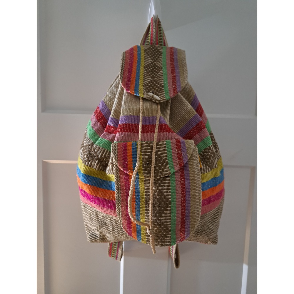 Boho Woven Striped Backpack Multi-Color Drawstring Rucksack Festival Bag